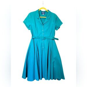COLLECTIF VINTAGE | teal green cotton belted dress with pockets rockabilly retro